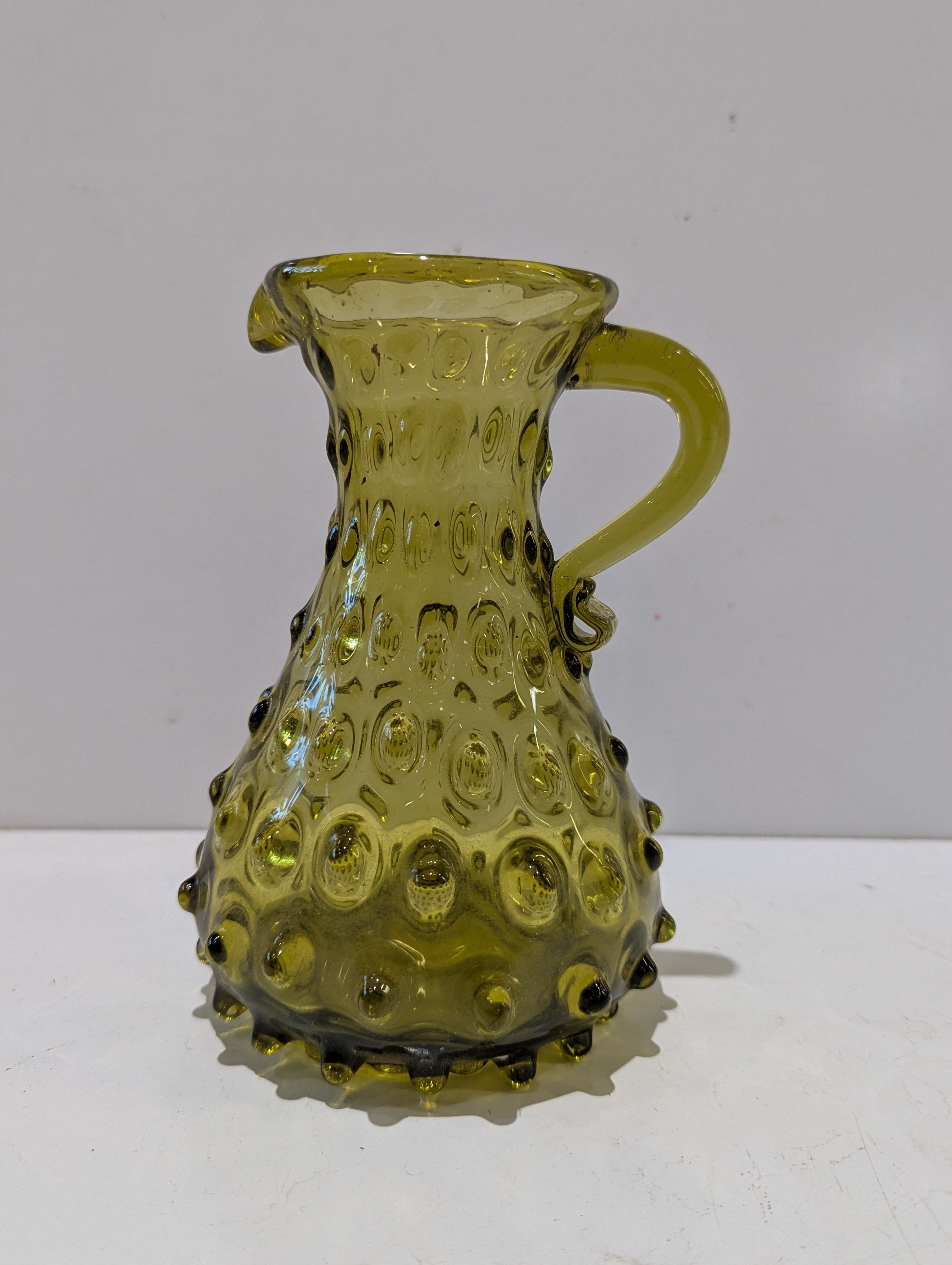 Vintage Olive Green Hobnail Glass Cruet Pitcher Applied Handle Decorative Vase