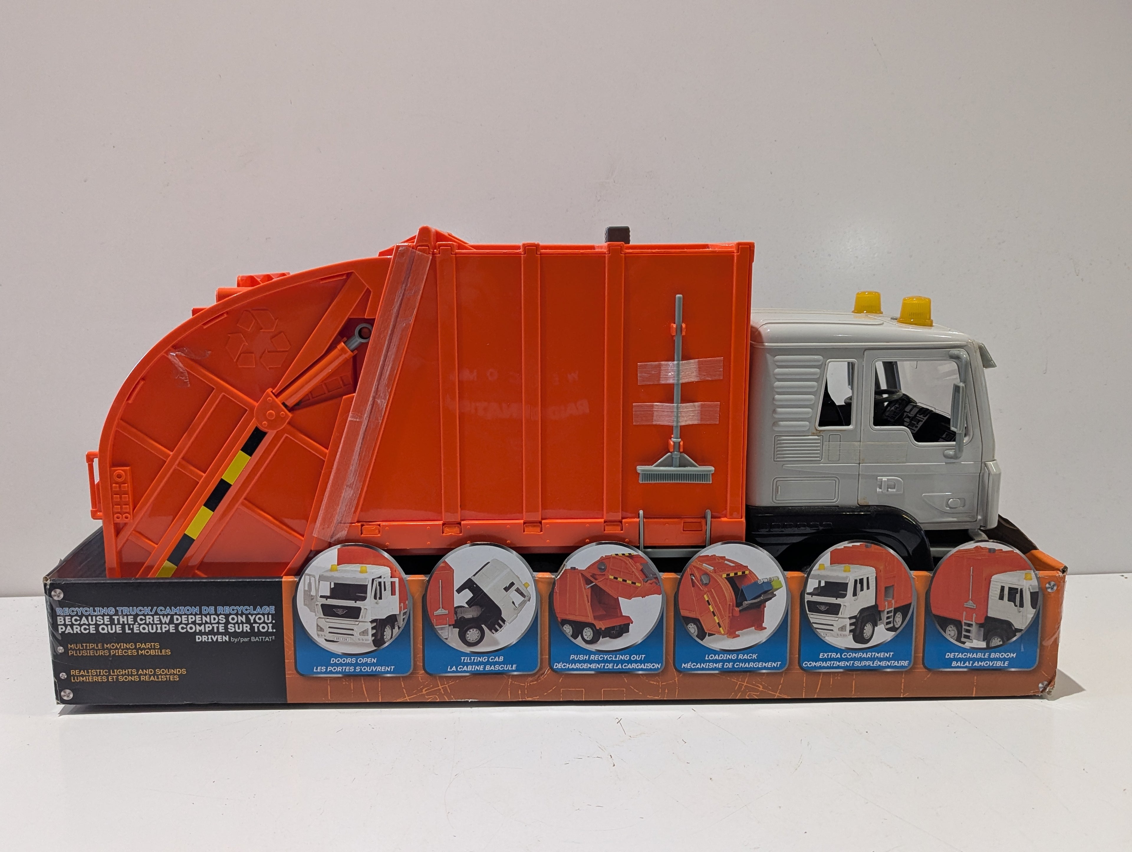 Large Toy Recycling Garbage Truck Lights Sounds Orange White Waste Management Vehicle