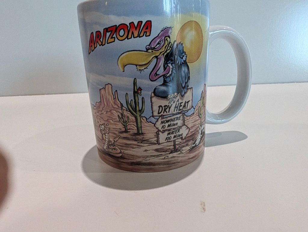 Arizona Desert Buzzard Cartoon Souvenir Coffee Mug Cup Dry Heat Cactus Scene