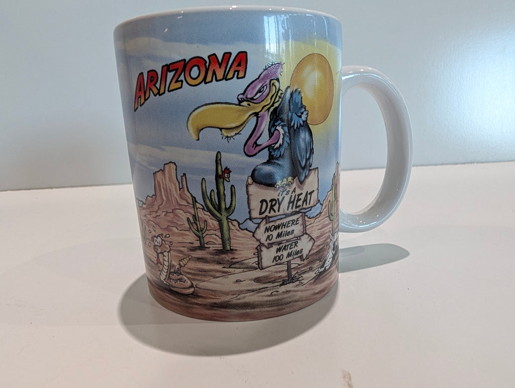 Arizona Desert Buzzard Cartoon Souvenir Coffee Mug Cup Dry Heat Cactus Scene