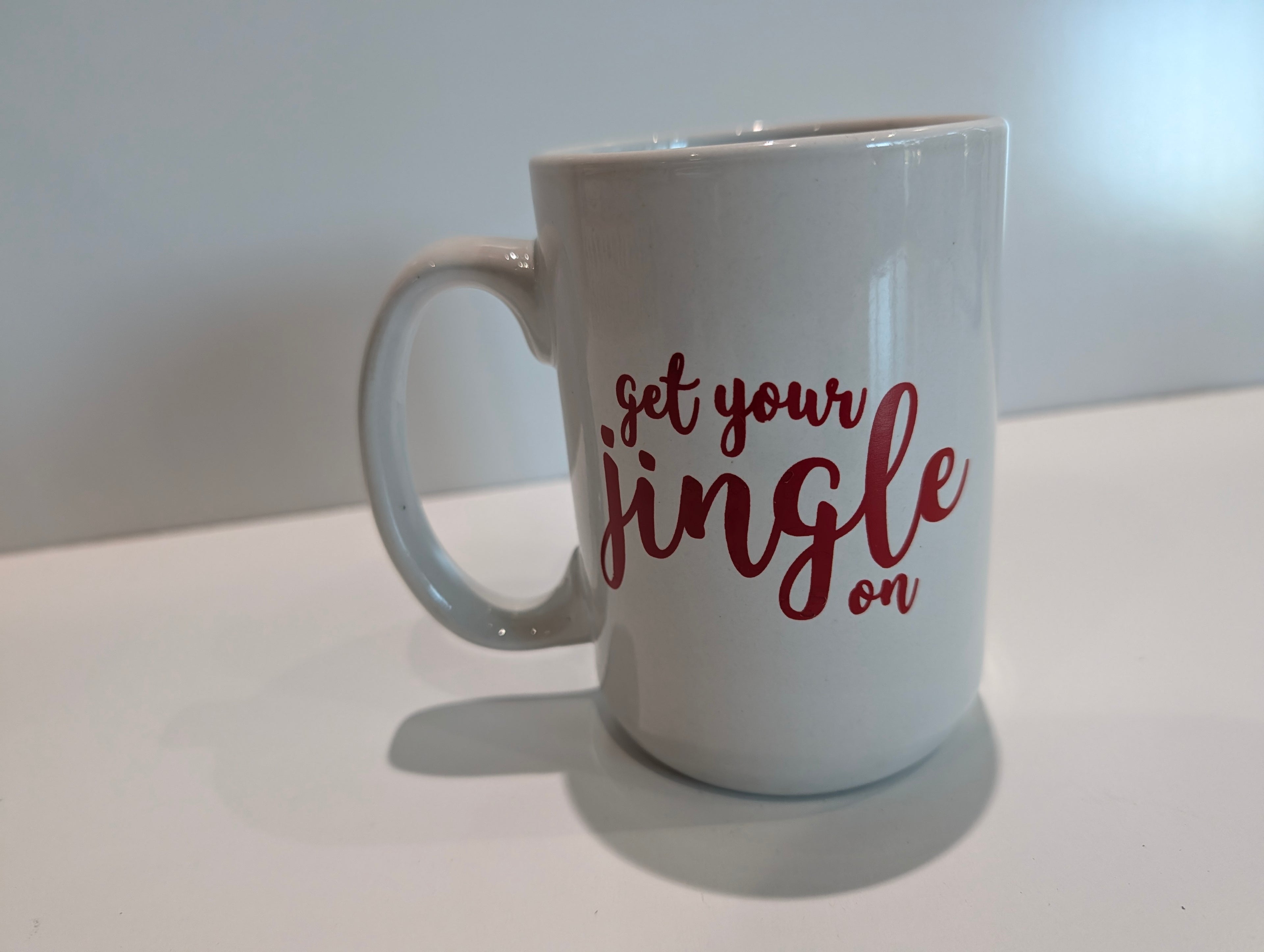Get Your Jingle On Christmas Holiday Coffee Mug Red Script Ceramic Cup Gift