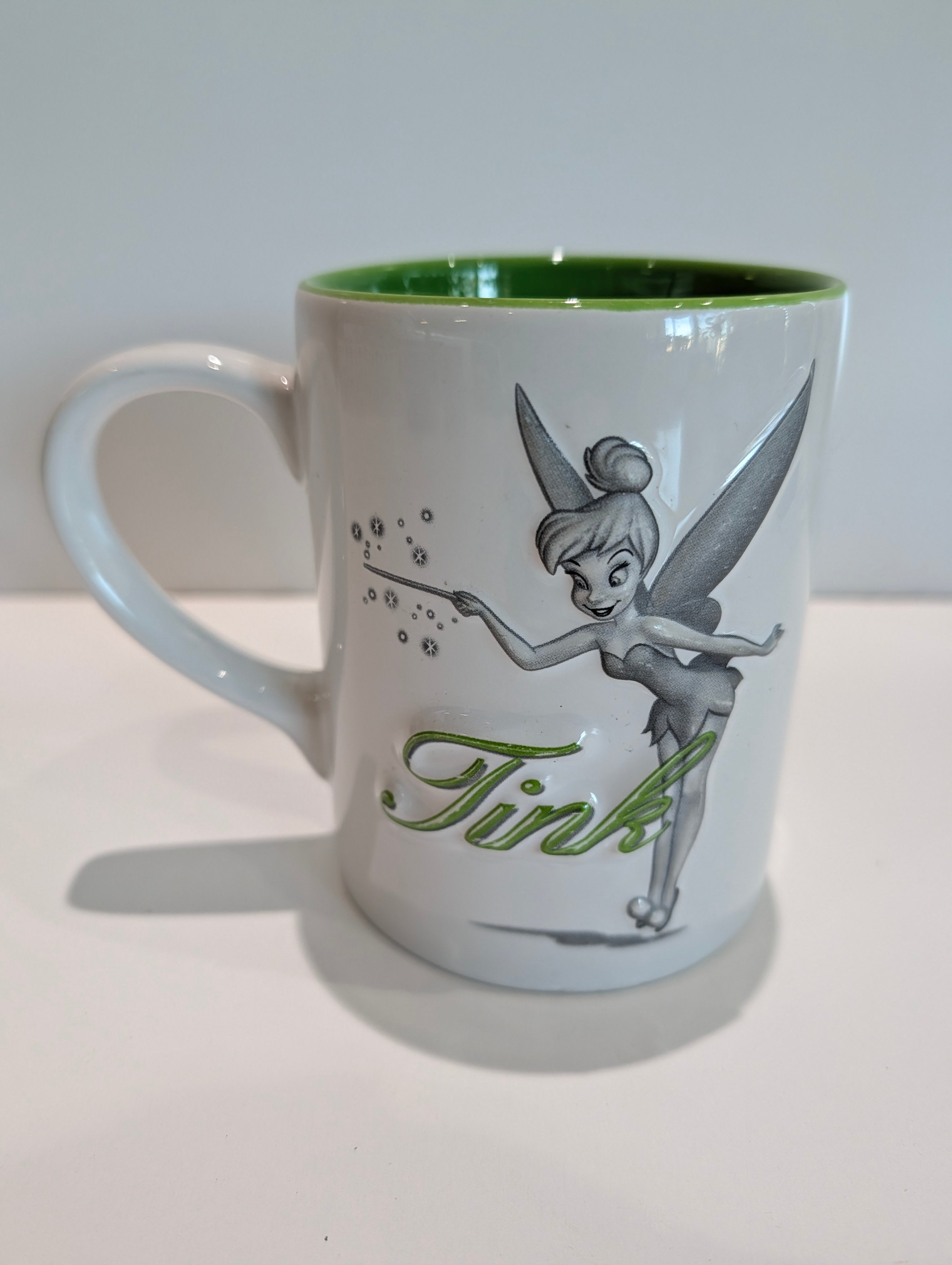 Disney Tinker Bell White Green Interior Ceramic Coffee Mug Fairy Character Cup