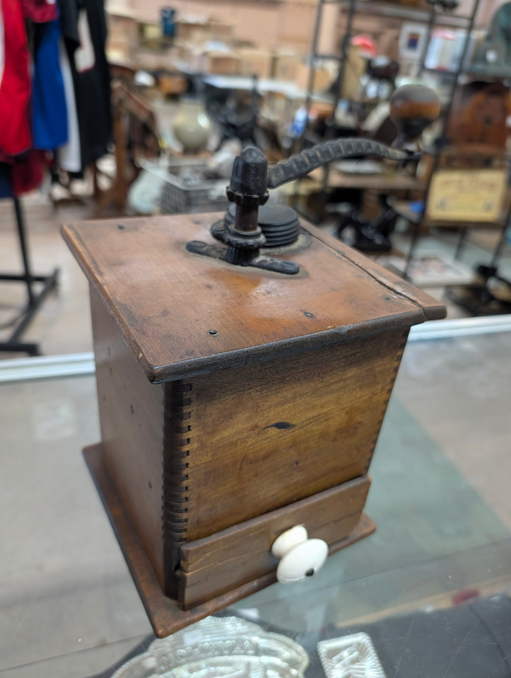 Vintage Wooden Coffee Grinder Hand Crank Cast Iron Burr Mill Drawer Antique