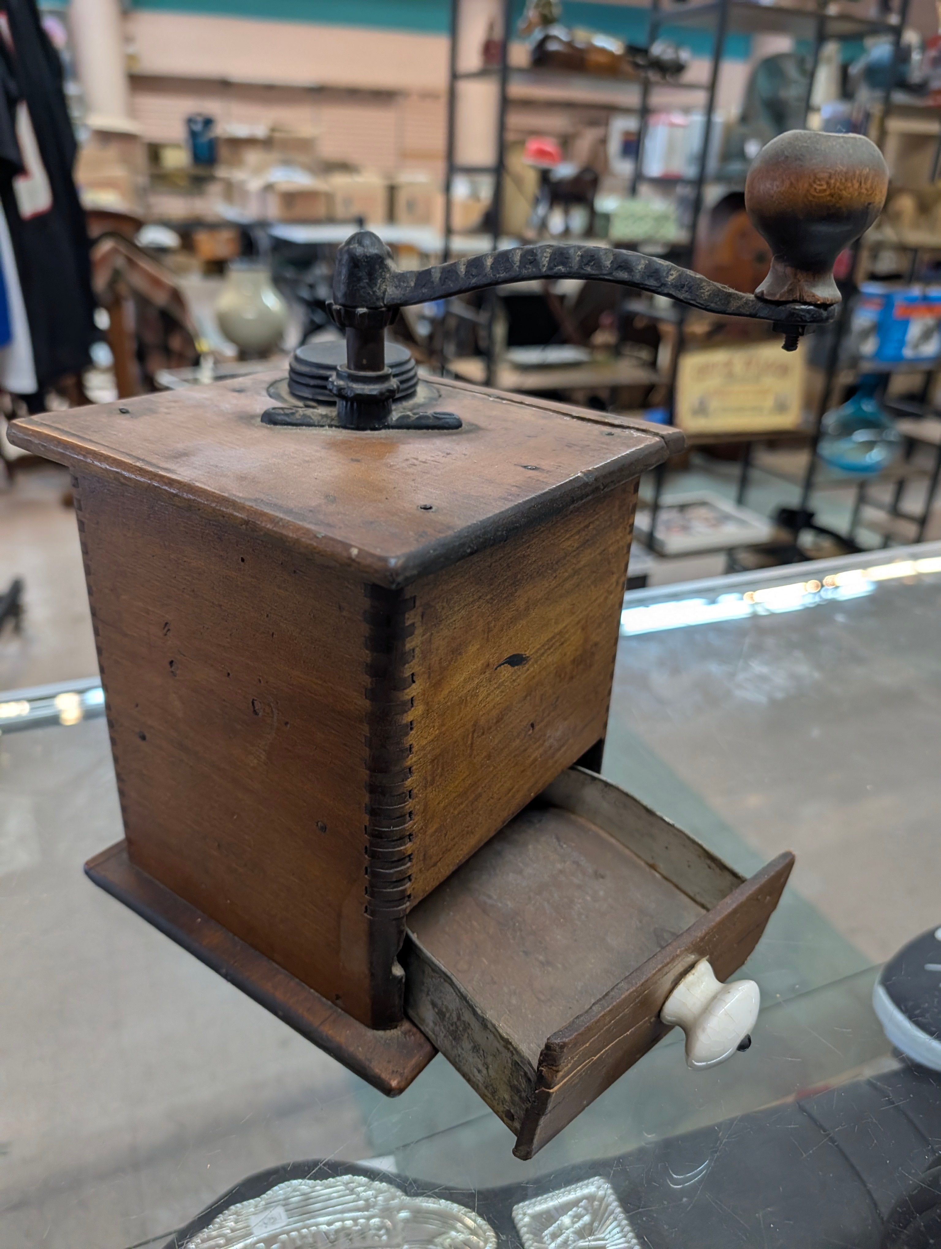 Vintage Wooden Coffee Grinder Hand Crank Cast Iron Burr Mill Drawer Antique