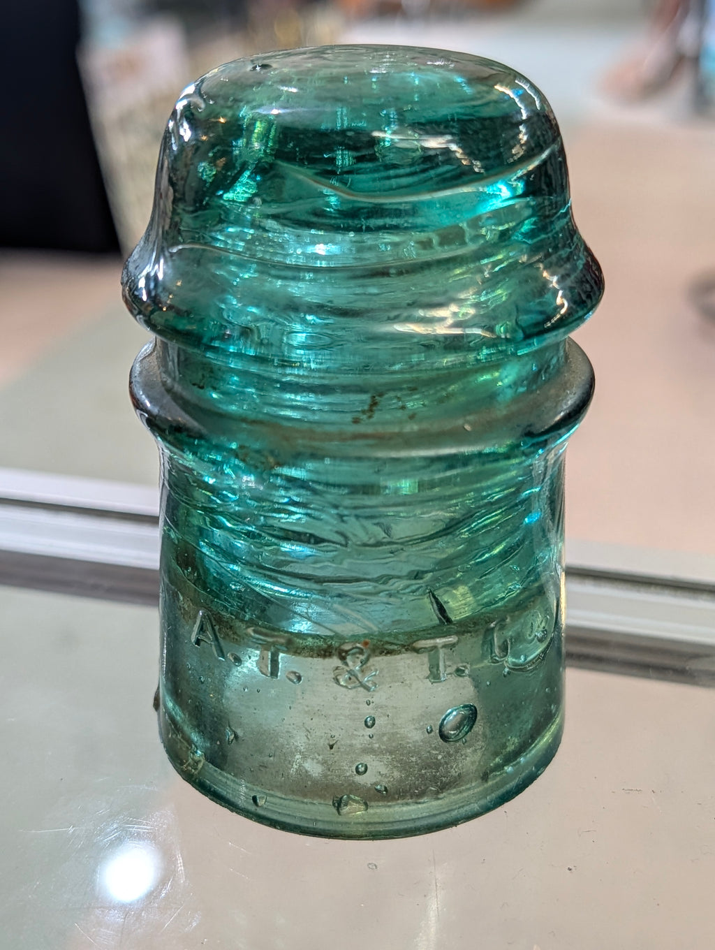 Vintage A.T.&T Aqua Green Glass Telegraph Insulator Embossed Utility Collectible
