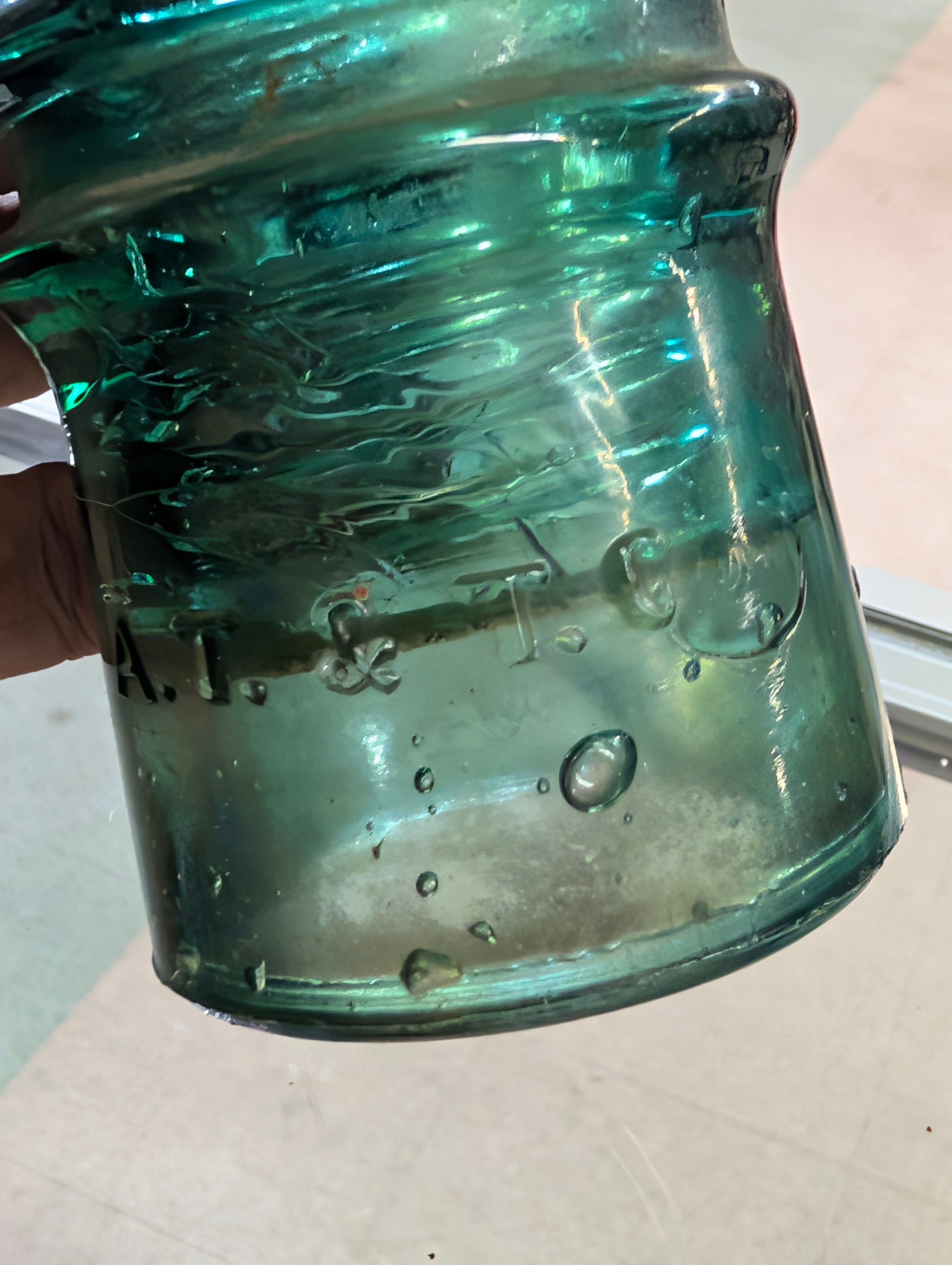 Vintage A.T.&T Aqua Green Glass Telegraph Insulator Embossed Utility Collectible